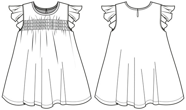 Girls empire babydoll Dress design with smocking chest details flat sketch fashion illustration vector template with front and back view, butterfly sleeve shirring details Toddler baby girl frock