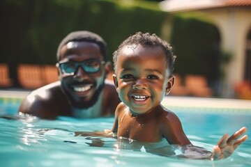 Happy american african black father with kids smiling in a pool