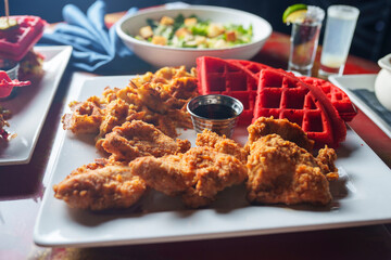 wings with sauce and red waffles