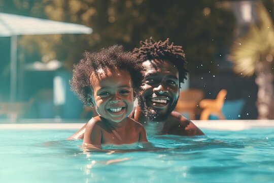 Happy american african black father with kids smiling in a pool