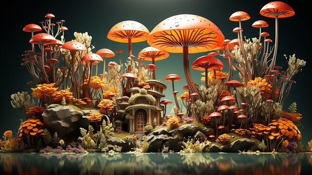 3d render, fantasy colorful sweet mashrooms magical landscape 
