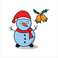Snow man is wearing red hat and scarf, two bells behind it.