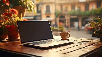 screen of Tablet and Laptop on table . Light and bokeh. from the setting sun. morning light at restaurant,  modern office, tower view at urban city background . 