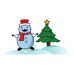 snowman with santa red hat and red scarf on snows and infront of a Christmas tree
