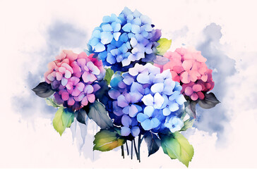 Hydrangea flowers, branches and leaves, Post processed AI generated image