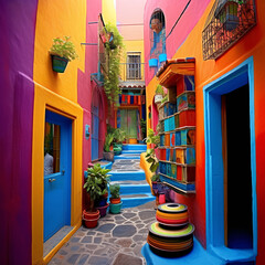 Fototapeta premium An alleyways in colorful colors, folklore-inspired, bold color palate, pink and indigo, use of bright colors, AI Generated
