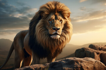 Obraz premium Generative AI a lion sitting on a stone in the savannah