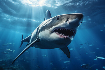Naklejka premium Generative AI a shark swimming among the fish in the ocean