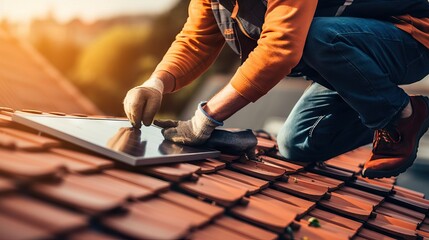 Worker installing solar panels on an house, working during a sunny day, renewable clean energy