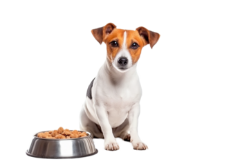 Jack russell terrier sitting next to a bowl of food. isolated on transparent background. PNG. 