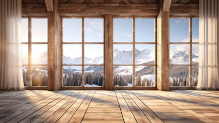 Obraz premium Wooden floor and huge French panoramic windows in a large room. AI generated. Winter landscape and snowy mountains outside the window.
