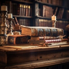 wooden table with vintage books in an old library.