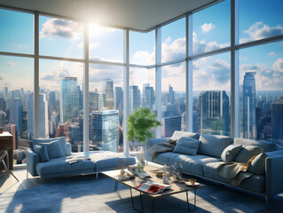 Living room with excellent view in a high-rise building, luxurious residence