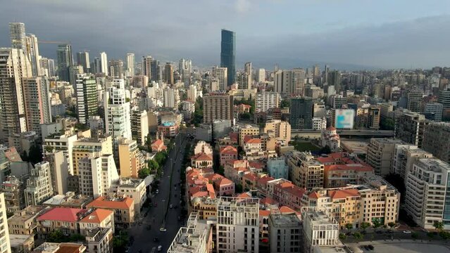 Aerial drone shot of Downtown Beirut, Lebanon's capital city