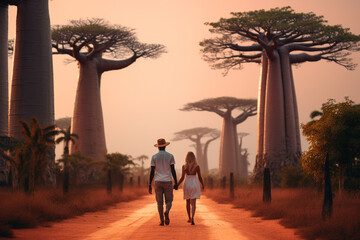 Young couple traveling and walking in Madagascar. Road with baobab alley in background. Man and woman view from behind. Sunset summer background. Generative AI - obrazy, fototapety, plakaty