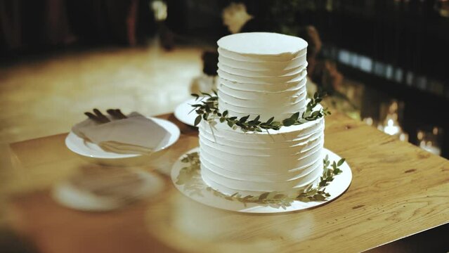 Medium shot of beautiful wedding cake decorated with a sprig of greenery on the wooden table near wedding arch in the restaurant, slow motion.