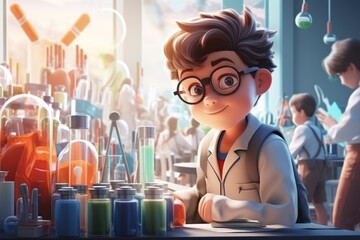 3d cartoon science children chemical experiments national science day