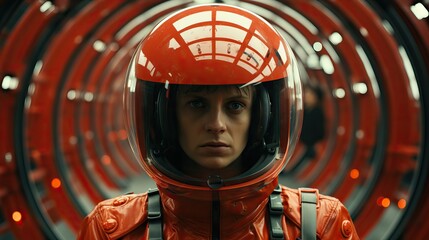 Futuristic astronaut on red tones, cinema movie style image - obrazy, fototapety, plakaty