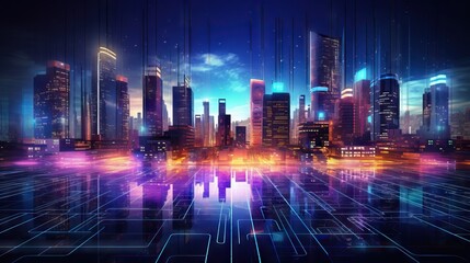 urban city architecture, cityscape with space and neon, business and corporation concept