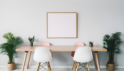 Blank poster frame mockup in an indoor space with tables and chairs