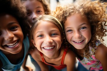 Close up of pre-teen friends in a park smiling to camera