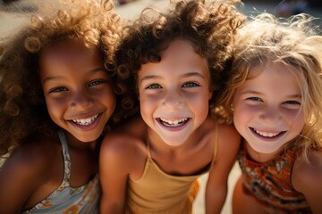 Fototapeta premium Close up of pre-teen friends in a park smiling to camera