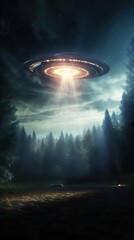 UFO landing in the forest meadow during a dark night, cinematic scene