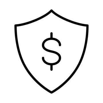 Black single money protection shield line icon, simple dollar shield shape flat design pictogram, infographic vector for app logo web button ui ux interface elements isolated on white background