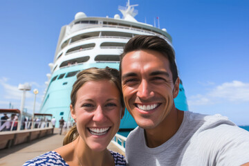 Fototapeta na wymiar Mann und Frau Ehepaar vor einem Kreuzfahrtschiff im Selfie Stil - Romantischer Urlaub