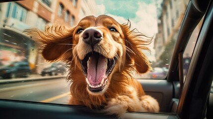 Happy dog leaning out into open car window and stuck out his tongue