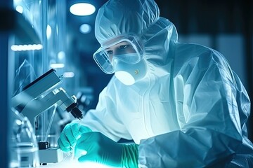 Closep-up image of a researcher in a protective mask working in a laboratory of a research institute. Creation of innovative medicines and vaccines.