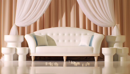 stage backdrop with a white sofa and curtains