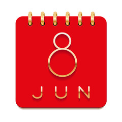 8 day of the month. June. Luxury calendar daily icon. Date day week Sunday, Monday, Tuesday, Wednesday, Thursday, Friday, Saturday. Gold text. Red paper. Vector illustration