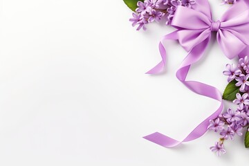 Lilac ribbon and flowers over flat lay white background for World Alzheimer Day concept