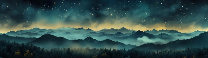 Panoramic landscape of amazing forest by the mountains during starry night sky