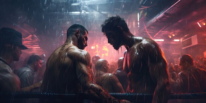 Two man fighting boxin cinematic movie scene futuristic dystopic cyberpunk city
