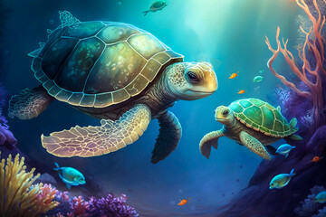 Fototapeta premium Sea Turtle Fairytale Concept Illustration. A turtle and its companion concept. Water Creature Friends, Children's literature, Fantasy, Adventure. Made with Generative AI