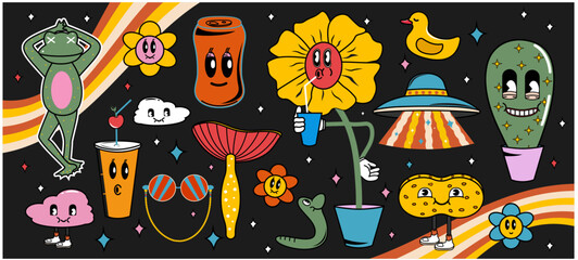 Set of icons and characters in groovy style. Trendy designs from the 60s and 70s. Hippie. Vector stock illustration. Cleaning. Icon. Drink. Y2k