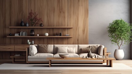 aesthetic composition living room interior wooden, generative ai