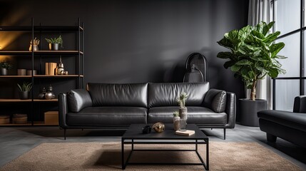 black living room interior leather sofa, generative ai