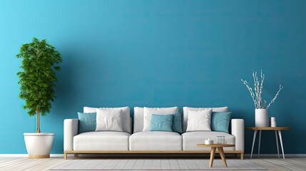 blue wall living room rendering, generative ai