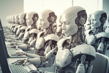 Robots working with laptop. 3D illustration