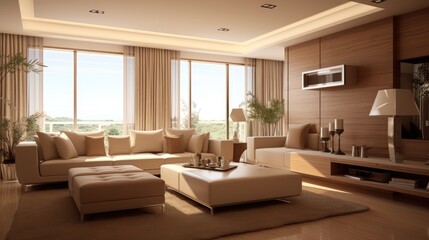 Fototapeta premium brown beige modern living room rendering, generative ai