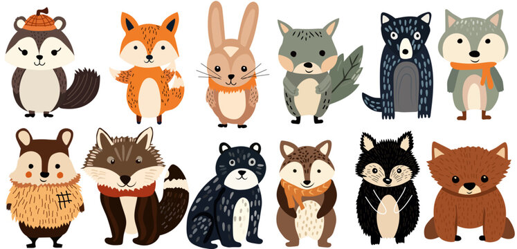 Isolated set with cute woodland forest animals. Cute raccoon, funny rabbit, wolf and bear, adorable hedgehog and other.Perfect for web, banner, card, poster. Vector illustration.