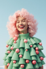Fototapeta premium On a sunny new year's day, a vibrant young woman wearing a green frilly dress and sporting pink hair stands outdoors with a beaming smile, embracing the new year with joy and positivity