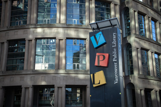 Vancouver, CANADA - Jan 29 2023 : A sign of Vancouver Public Library Central Branch. Vancouver Public Library (VPL) is the public library system of Vancouver, British Columbia, Canada