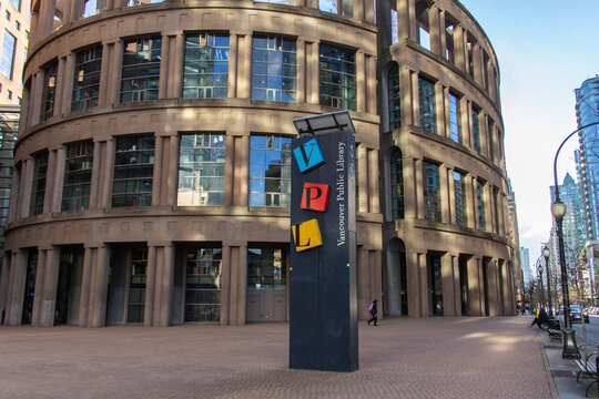 Vancouver, CANADA - Jan 29 2023 : A sign of Vancouver Public Library Central Branch. Vancouver Public Library (VPL) is the public library system of Vancouver, British Columbia, Canada