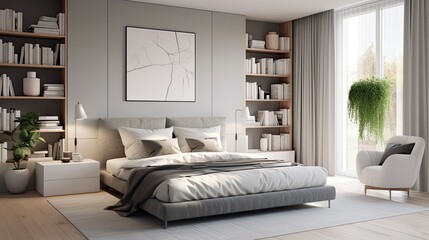 interior white gray cozy bedroom, generative ai