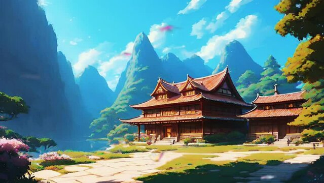 traditional wooden house on the hill on illustration anime style . looping video animation background