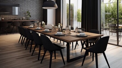 Fototapeta na wymiar long black dining room table wooden, generative ai